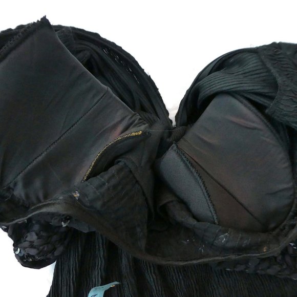 Vintage Black Evening Dress Ric Rac Sequin Puff Sleeves Crinkle Sheath Union Tag - Picture 10 of 13